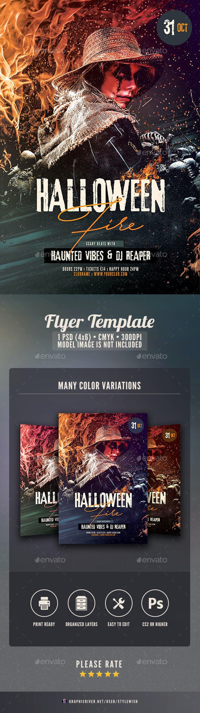 火焰元素万圣节派对活动传单设计模板