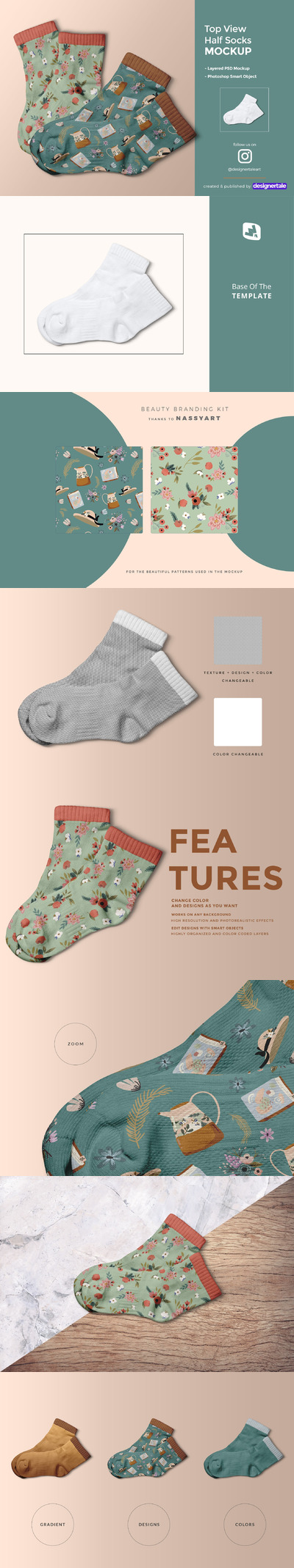 顶视图中筒袜子图案设计样机