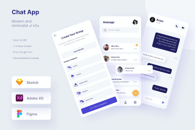 简洁的聊天工具 App Ui Kits （FIG,SKETCH,XD）