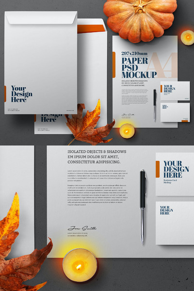 秋季万圣节主题的品牌文具样机下载（PSD）