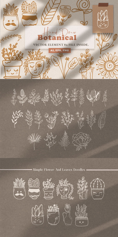 抽象可爱植物艺术线条风格矢量插画集合-AI，PNG，EPS