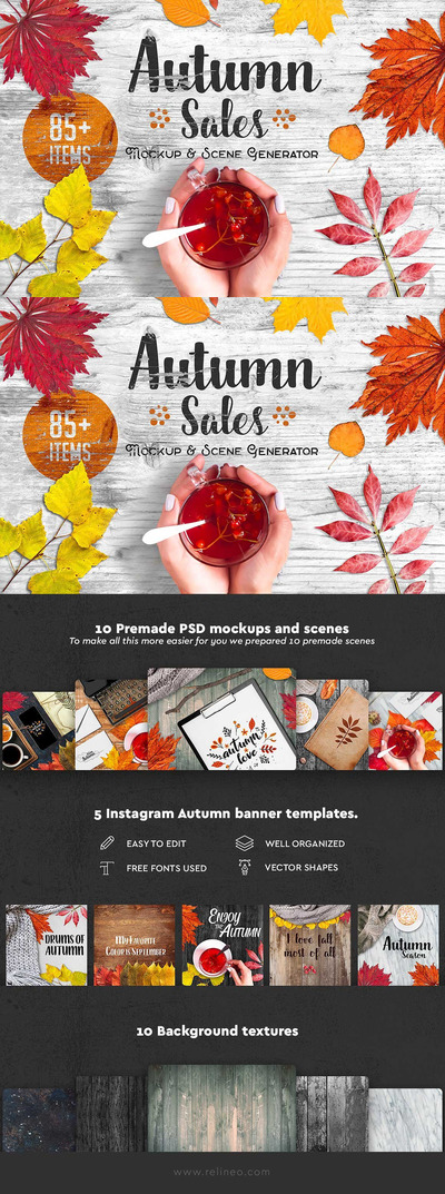 逼真的叶子元素秋季场景样机生成器[2.39GB]