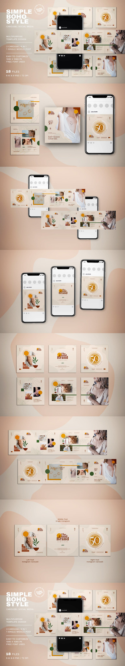 简约高端优雅的波西米亚风格社交媒体banner海报设计模板集合-AI，PSD