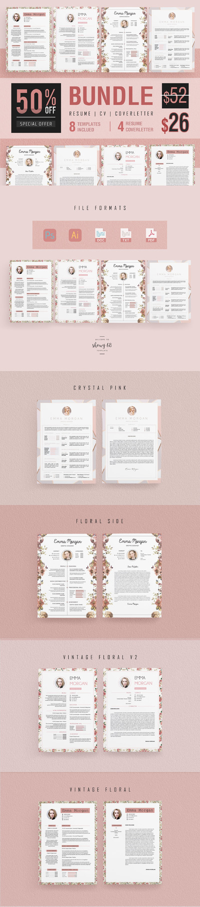 粉色花卉装饰CV简历设计模板套装