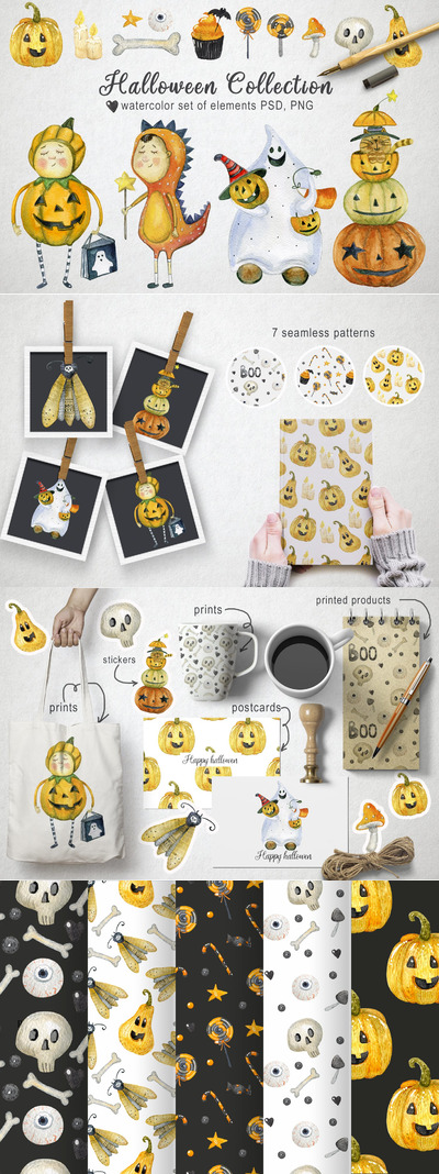 秋季万圣节系列手绘元素水彩插画素材集