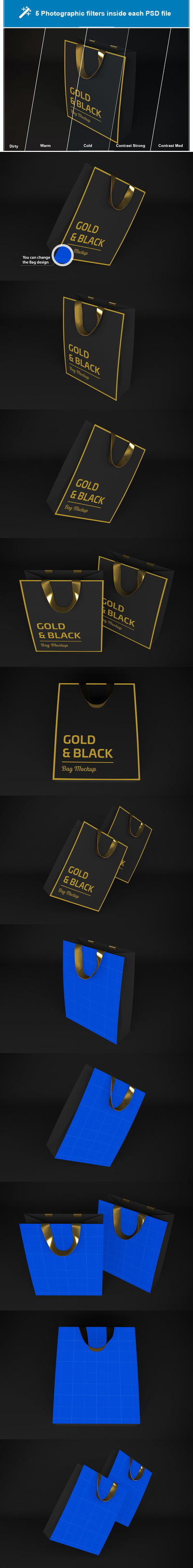 金色和黑色购物袋样机（PSD）