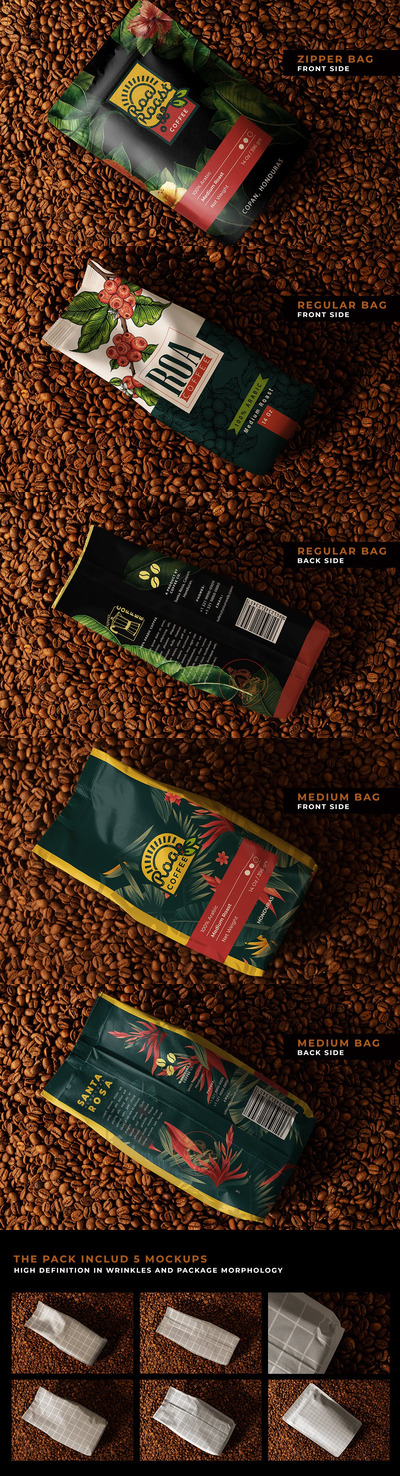 品牌咖啡豆包装设计展示场景样机（PSD）