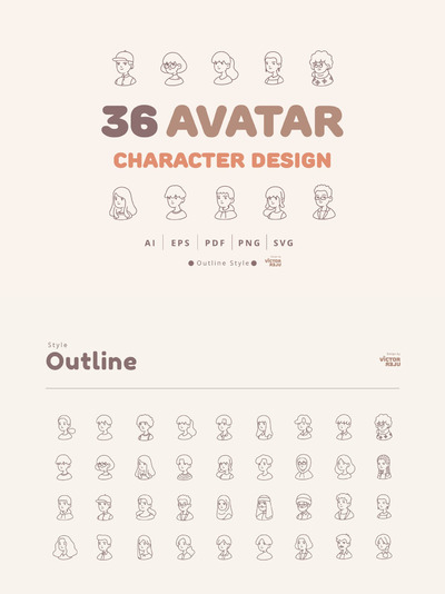 36个矢量后续头像人物设计轮廓线条矢量插画设计模板集合-AI，EPS，PDF，PNG，SVG