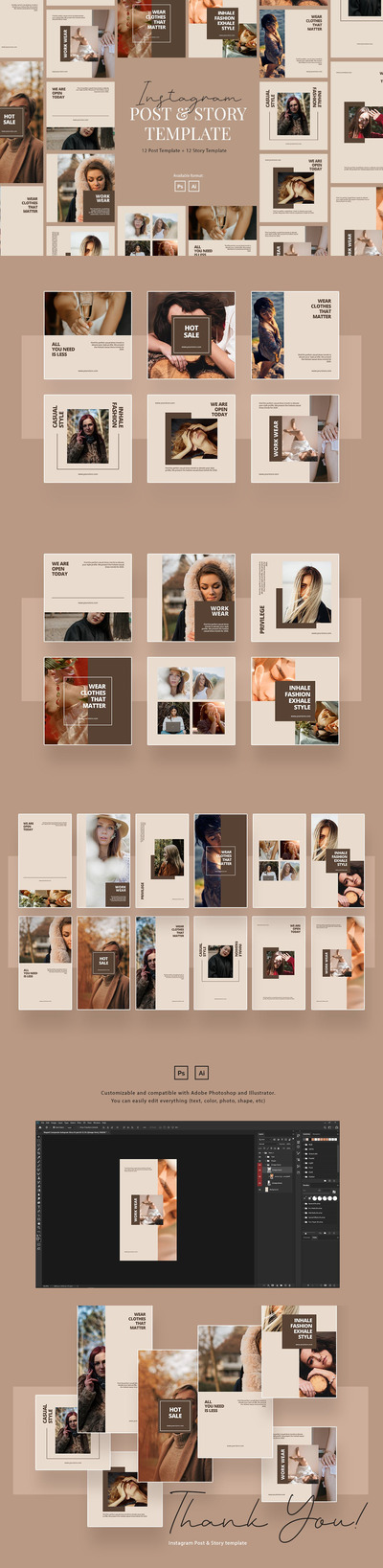 高端时尚简约优雅Instagram社交媒体banner海报设计模板集合-AI，PSD