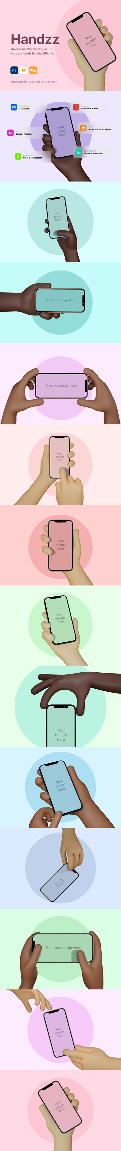 3D卡通手持iPhone手机样机下载（PSD,Sketch）
