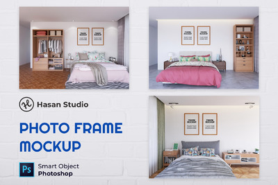 卧室中的照片画框样机（PSD）