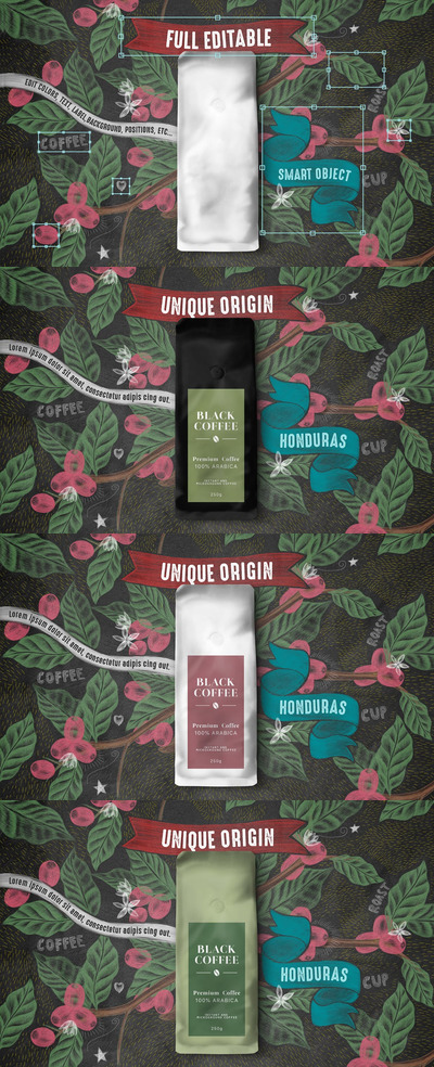 带插图的咖啡包装模型样机（PSD）