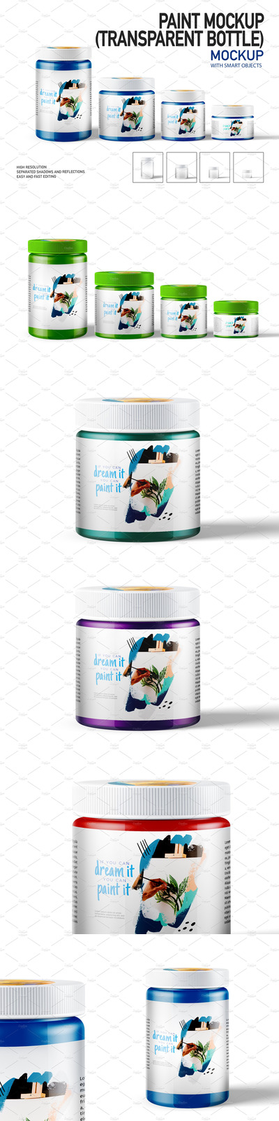 4种尺寸绘画颜料瓶包装设计样机（透明瓶）