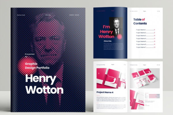 红色&蓝色主题的商业杂志布局设计模板