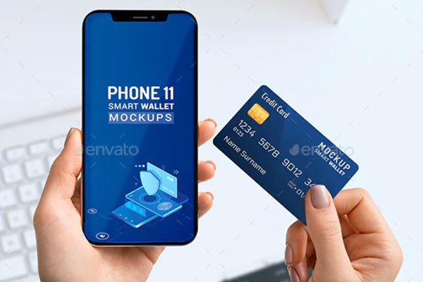 手持iPhone 11智能钱包&银行卡样机模板