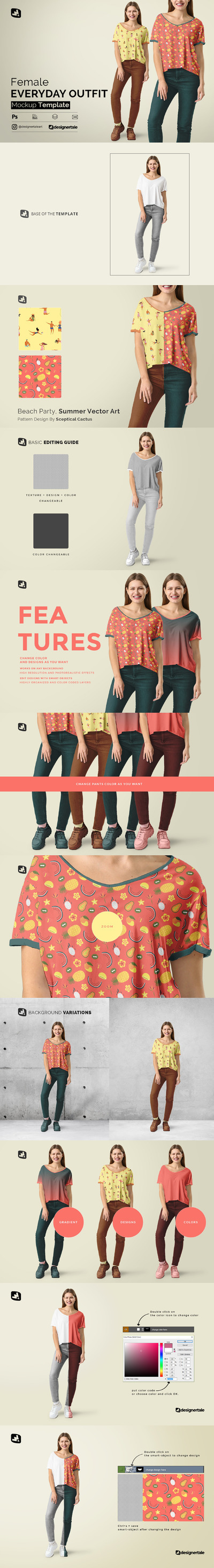 女性日常休闲服装T恤图案设计样机