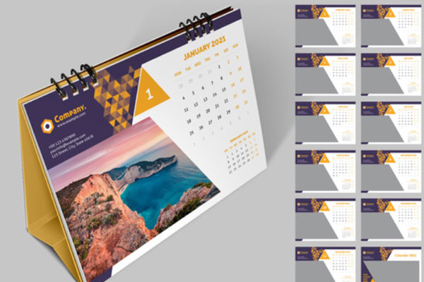 黄色渐变三角形元素2021年台历版式设计模板