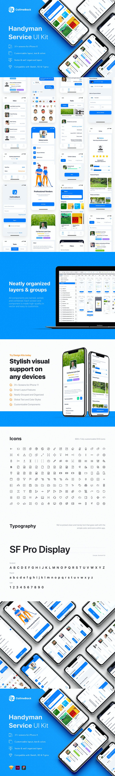 高品质的专业清洁保洁钟点工APP UI KITS-FIG, SKETCH, XD