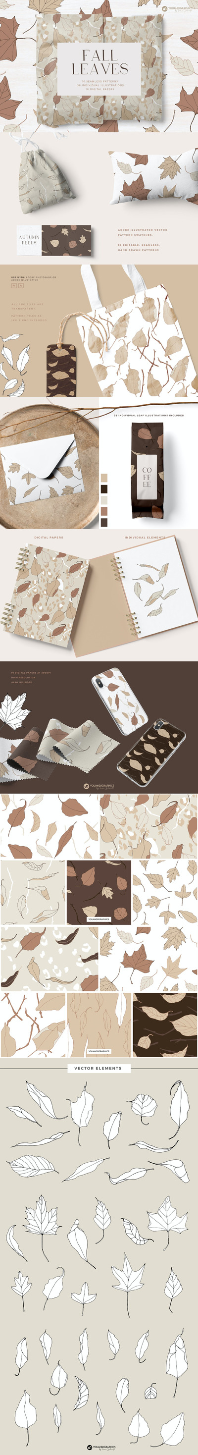 高端时尚简约优雅多用途秋天树叶叶子矢量无缝背景纹理集合-AI，EPS，PNG，JPG