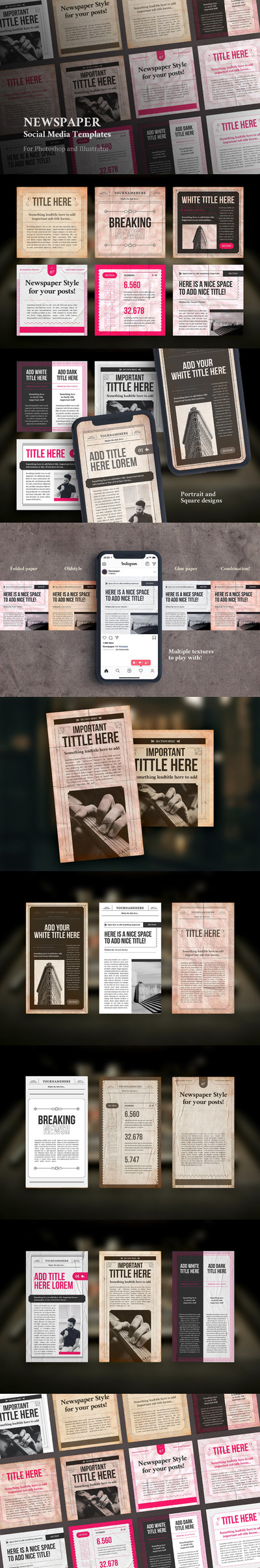 时尚高端复古报纸风格的Instagram社交媒体banner海报设计模板集合-AI，PSD