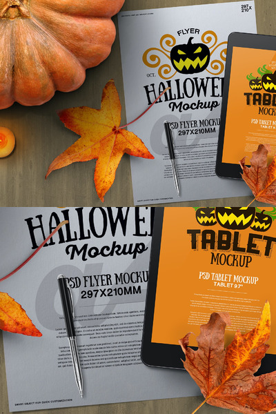 万圣节秋季文具A4平板电脑模型样机（PSD）