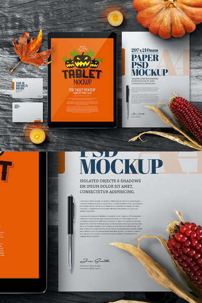 万圣节秋季文具A4平板电脑模型样机PSD）