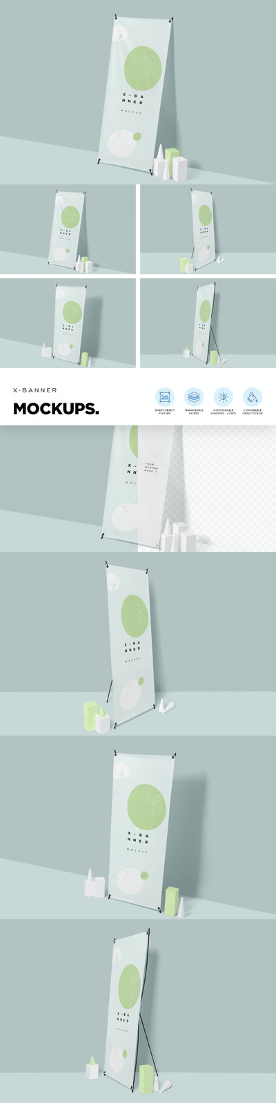 时尚高端逼真质感的X展架易拉宝门型架设计VI样机展示模型mockups