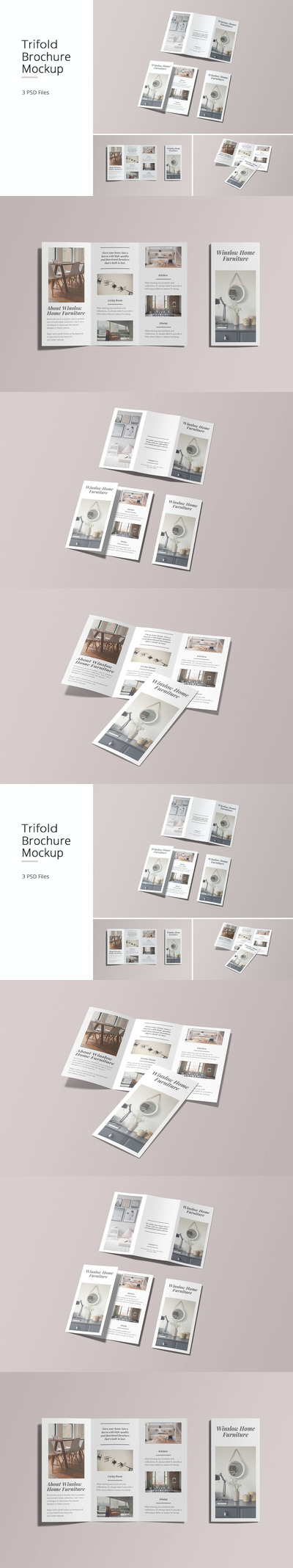 A4尺寸的房地产三折页设计VI样机展示模型mockups