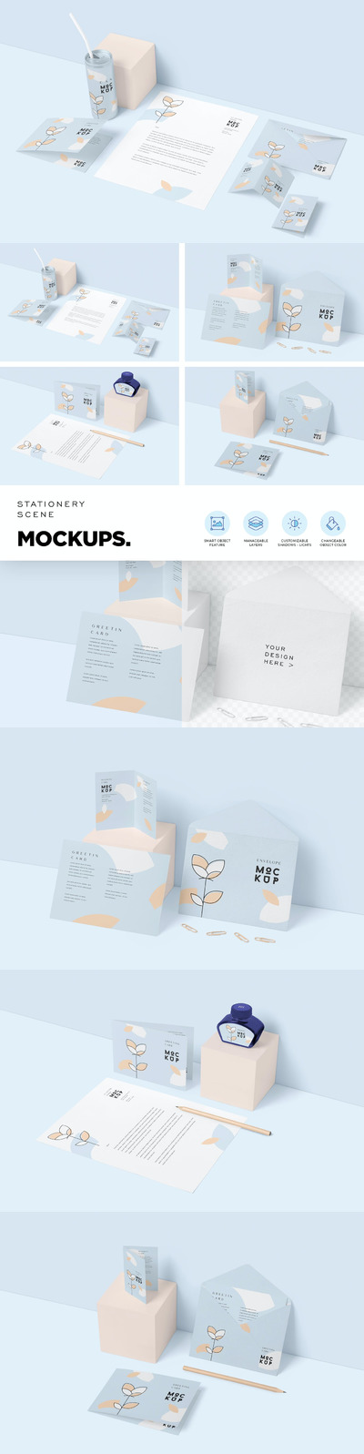 4个清新时尚简约多用途文具场景VI设计样机展示模型mockups