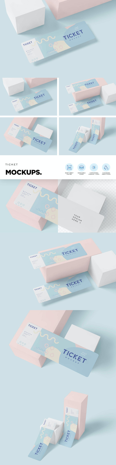 高品质的门票入场券优惠券机票设计VI样机展示模型mockups