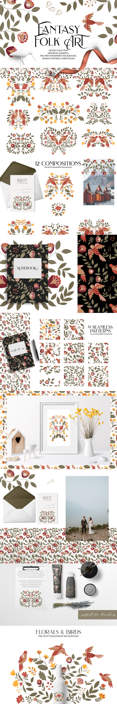 幻想民间艺术喜鹊&花卉元素插画图案素材