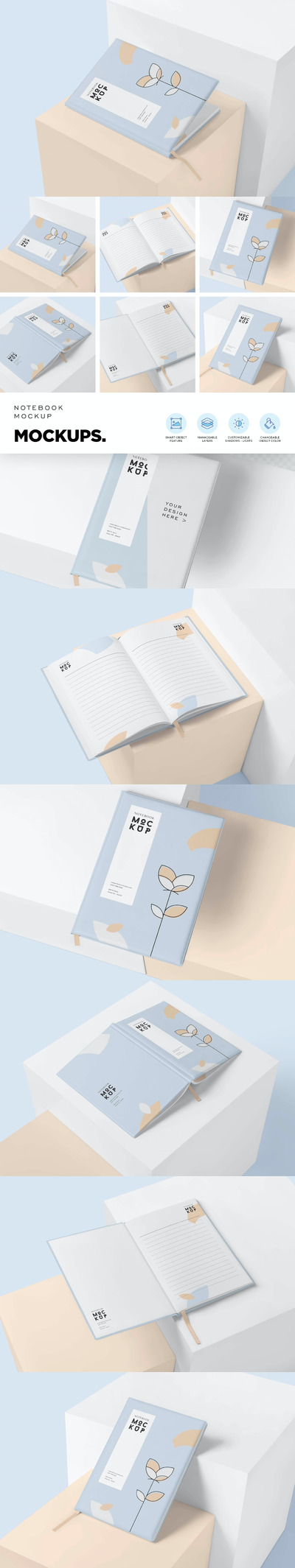 6个高品质的笔记本书籍装帧设计VI样机展示模型mockups