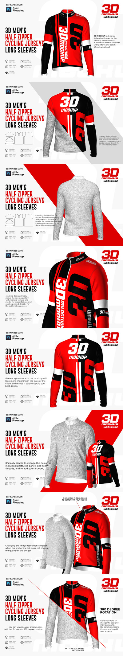 3D男式半拉链骑行服样机模板