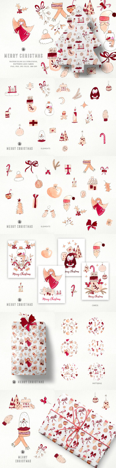 圣诞快乐主题水彩剪贴画素材