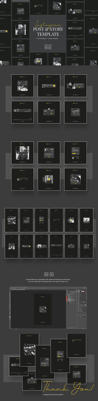 时尚高端主播直播播放器风格的Instagram社交媒体banner海报集合-AI，PSD