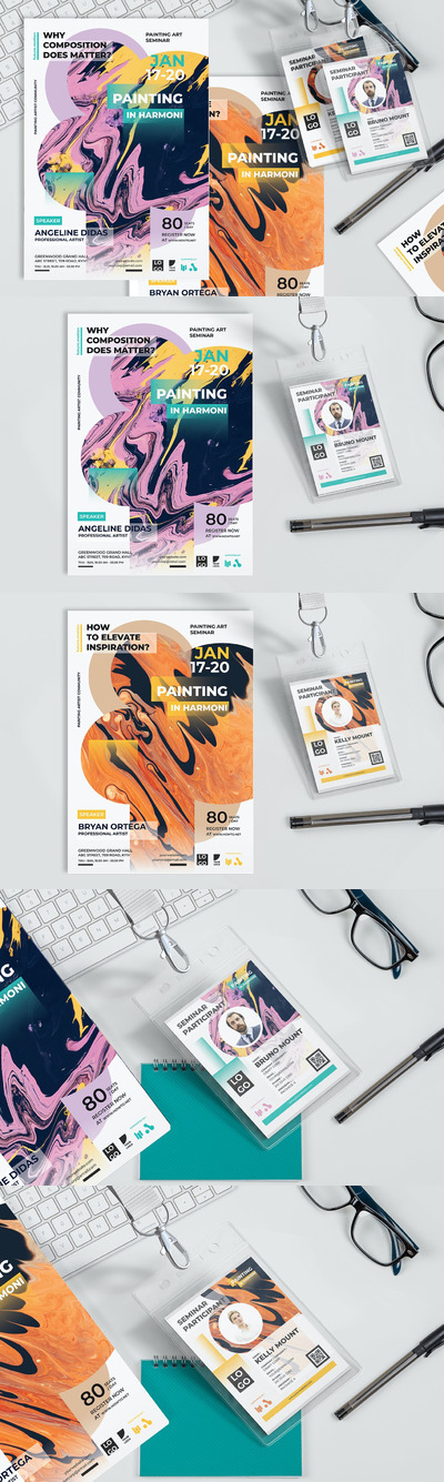 时尚艺术绘画风格的研讨会讲座展览会博览会身份证名片铭牌吊牌设计模板-AI，EPS