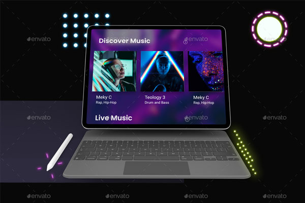 霓虹灯iPad Pro & keyboard魔术键盘设备样机