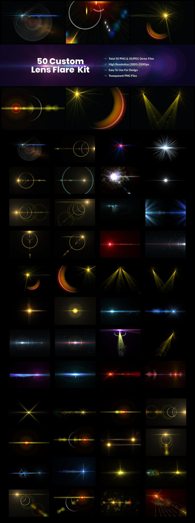 50个定制房地产镜头光晕高光亮光灯光效果套件滤镜背景底纹纹理集合