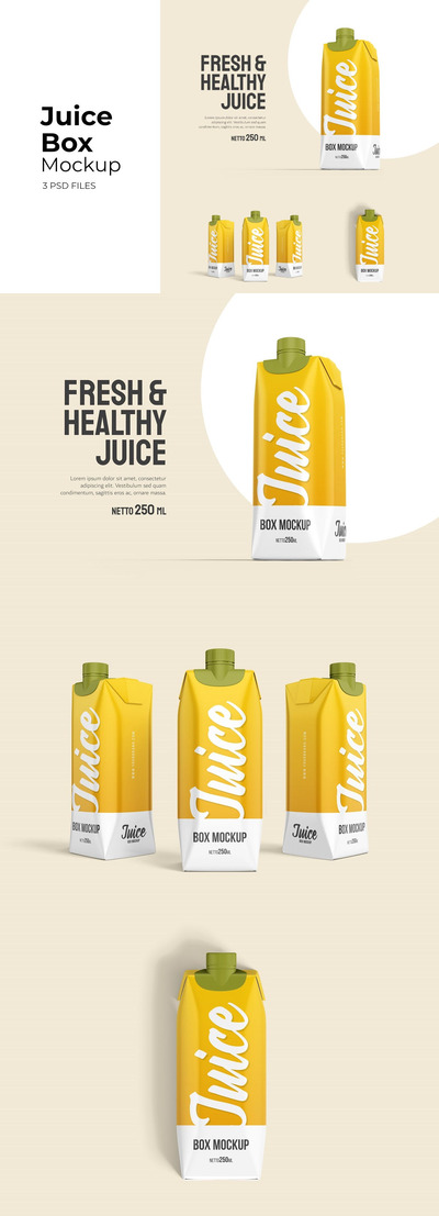 高品质的果汁牛奶包装设计VI样机展示模型mockups