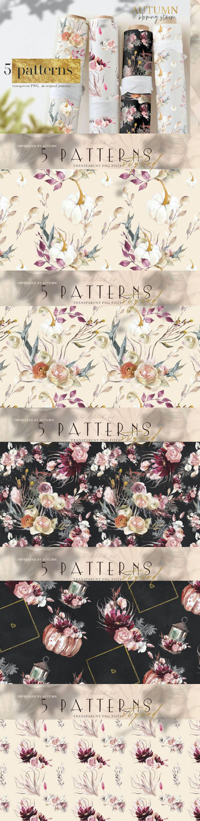 波西米亚风矢量花卉图案背景底纹纹理集合-PNG，AI