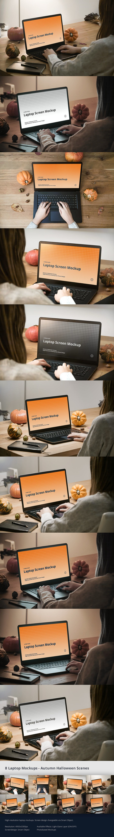 笔记本电脑模型秋季万圣节场景样机（PSD）