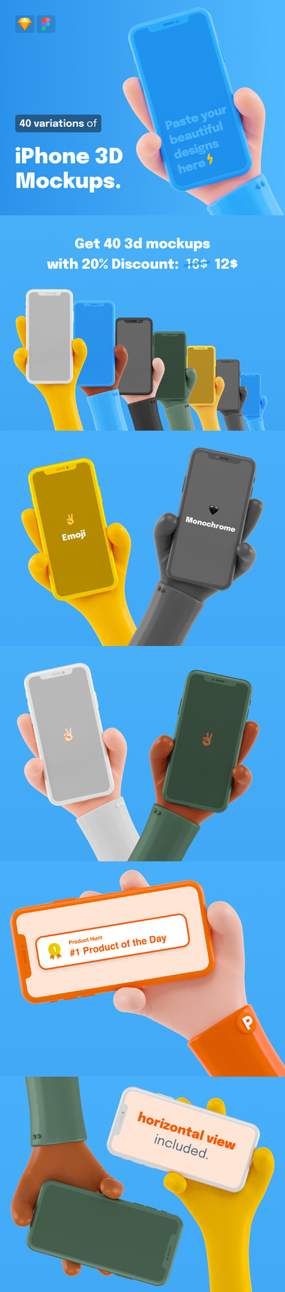 优质的卡通手持 iPhone 3D 手机样机下载（Sketch,Fig）