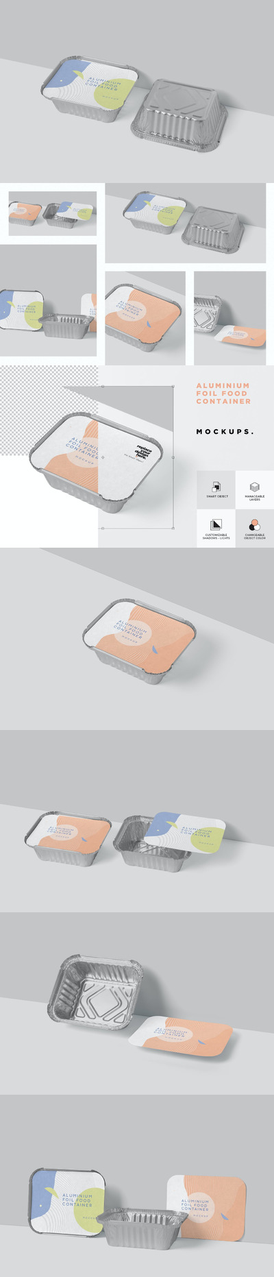 逼真质感的铝箔食品外卖包装设计VI样机展示模型mockups