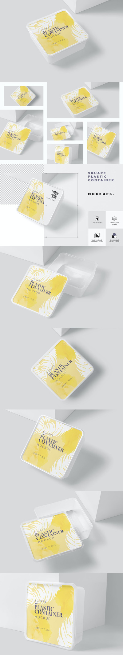 高品质的方形透明塑料饭盒包装设计VI样机展示模型mockups