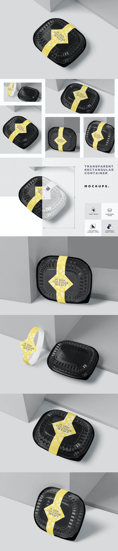 时尚高端外卖食品塑料包装饭盒设计VI样机展示模型mockups