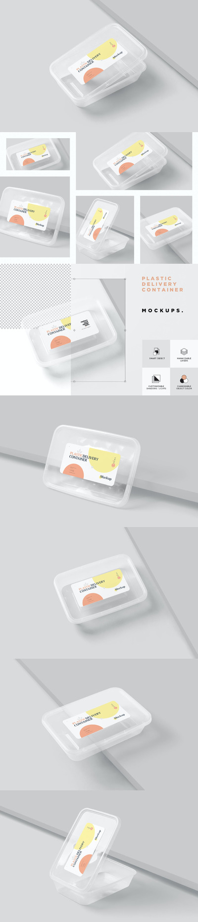 高品质的塑料饭盒包装设计VI样机展示模型mockups