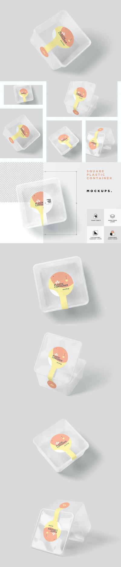 高品质的方形塑料饭盒包装设计VI样机展示模型mockups