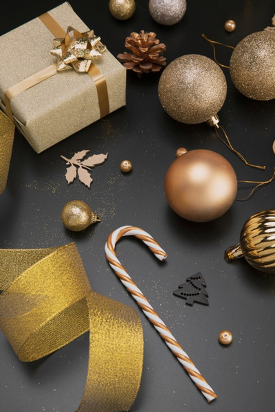 金色圣诞饰品与彩带装饰素材[JPG]