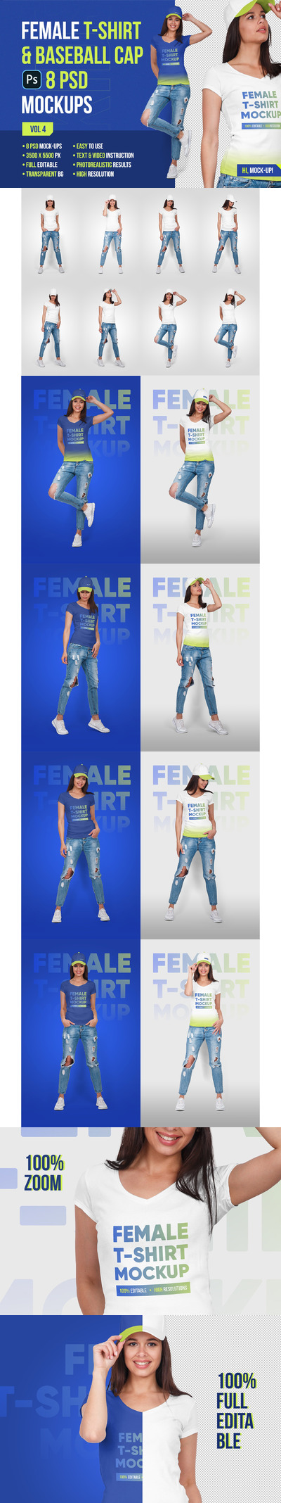 女式T恤&棒球帽服装设计样机模板