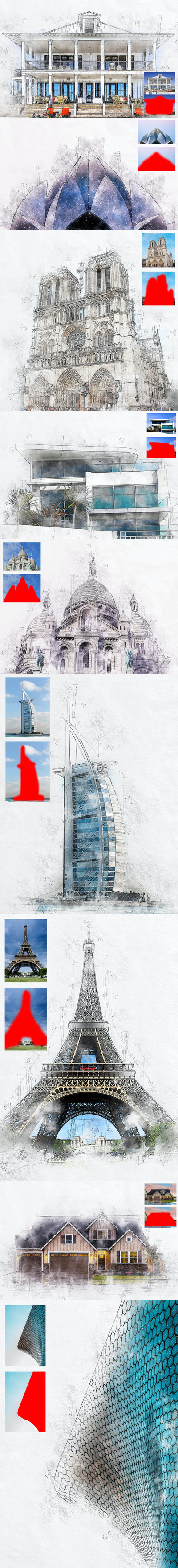 建筑彩铅素描PS动作（ATN）